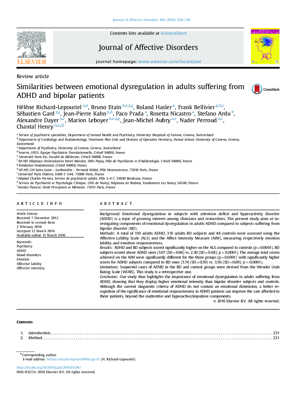 Similarities between emotional dysregulation in adults suffering from ADHD and bipolar patients