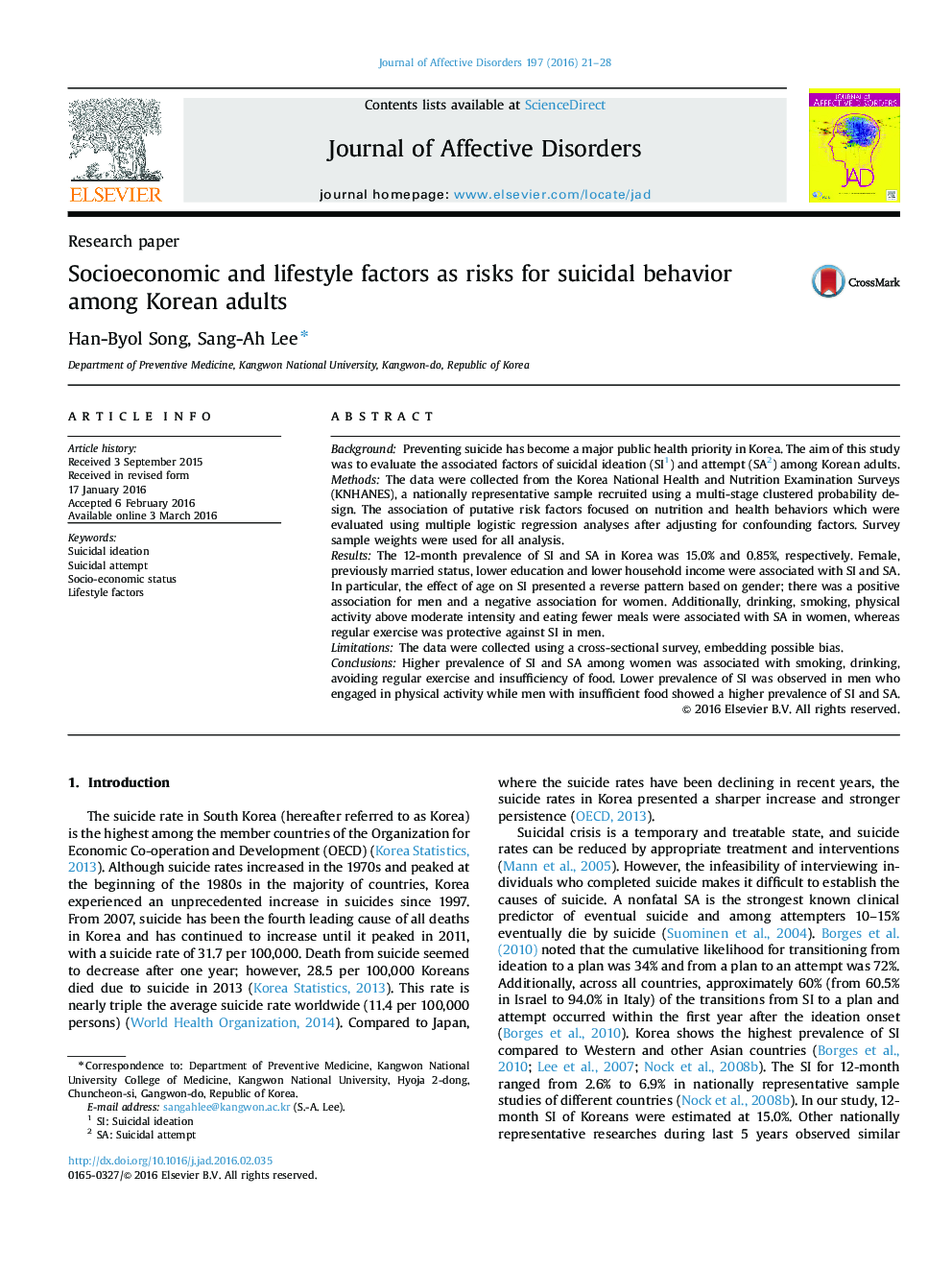 Socioeconomic and lifestyle factors as risks for suicidal behavior among Korean adults