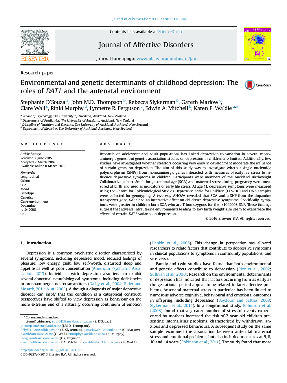 Environmental and genetic determinants of childhood depression: The roles of DAT1 and the antenatal environment