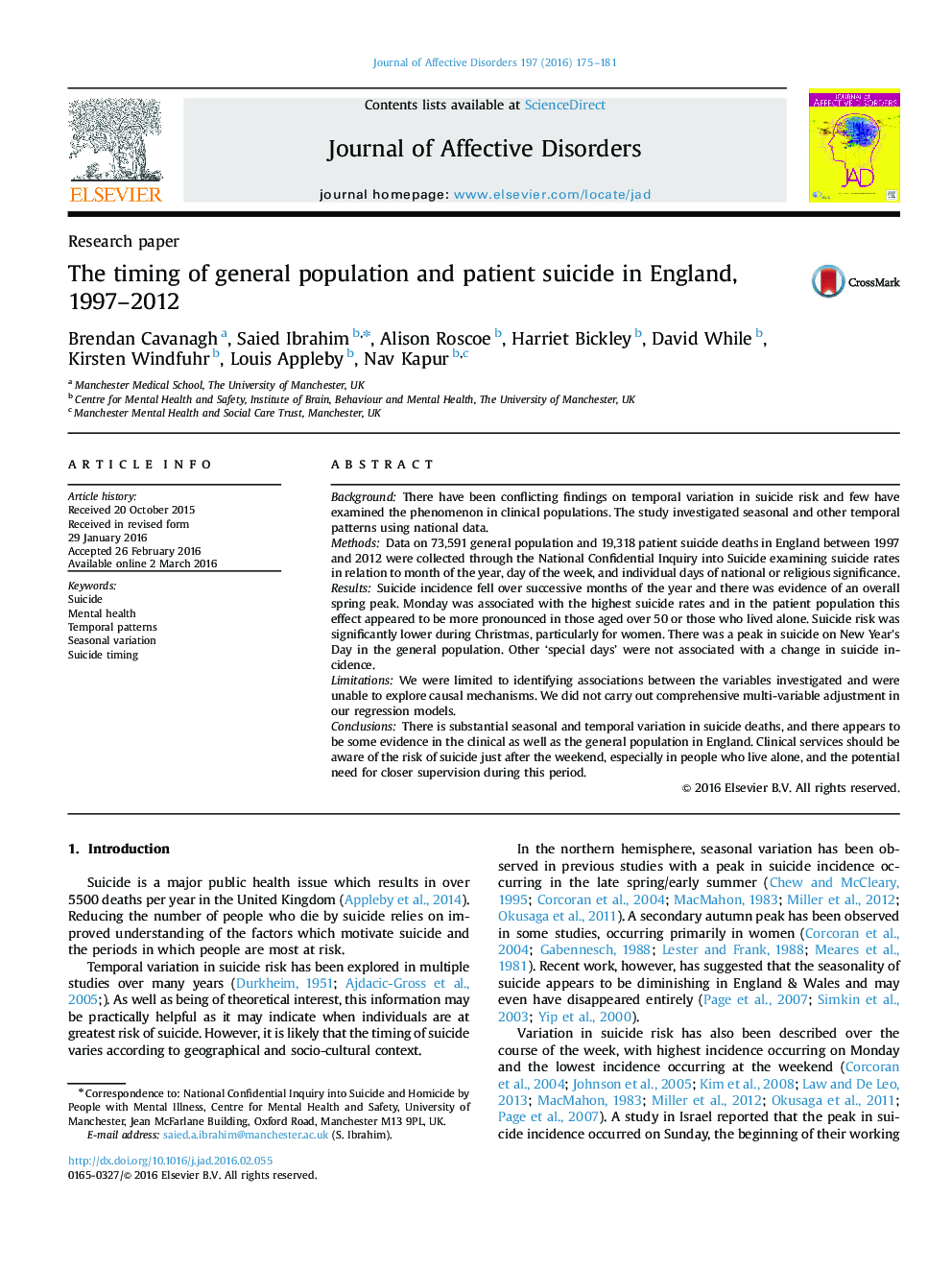 The timing of general population and patient suicide in England, 1997-2012