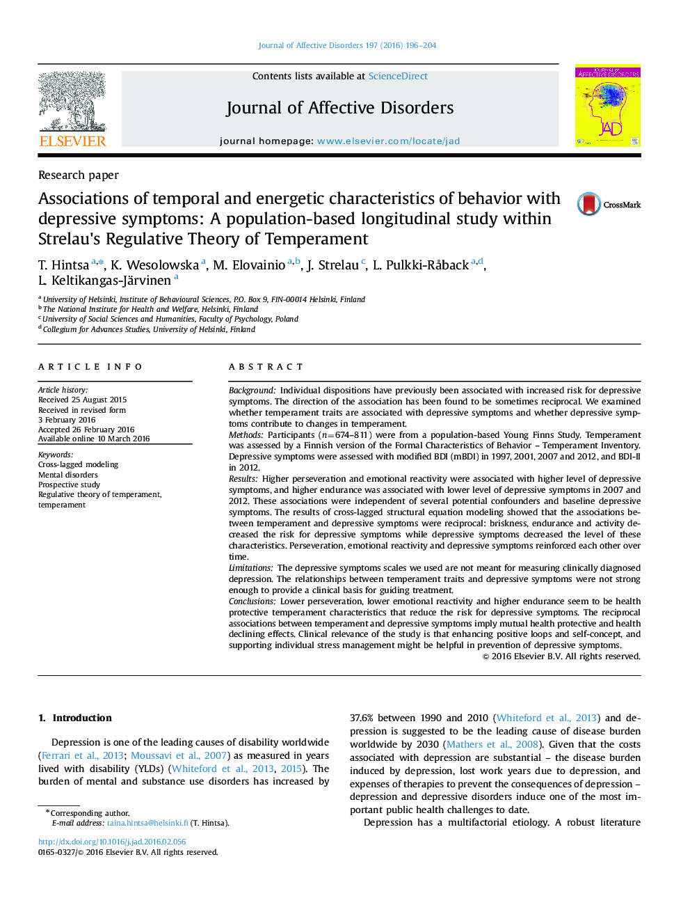 انجمن های ویژگی های زمانی و پر انرژی رفتار با علائم افسردگی: مطالعه طولی مبتنی بر جمعیت در نظریه رگولاتور استرولاو 