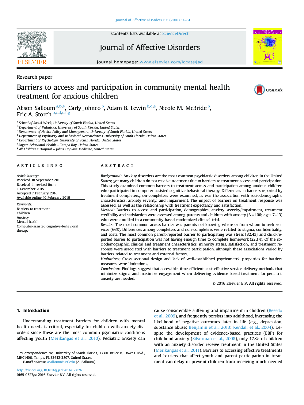 Research paperBarriers to access and participation in community mental health treatment for anxious children