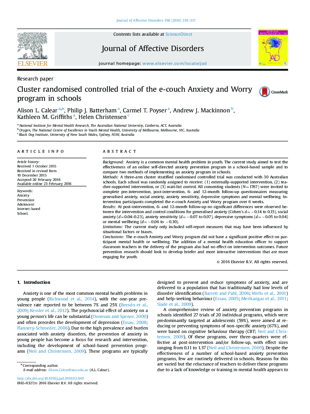 Cluster randomised controlled trial of the e-couch Anxiety and Worry program in schools