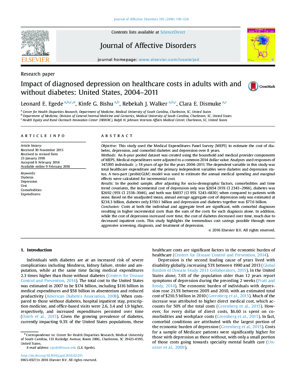 Impact of diagnosed depression on healthcare costs in adults with and without diabetes: United States, 2004-2011