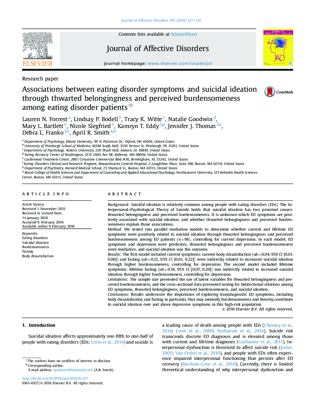 Associations between eating disorder symptoms and suicidal ideation through thwarted belongingness and perceived burdensomeness among eating disorder patients