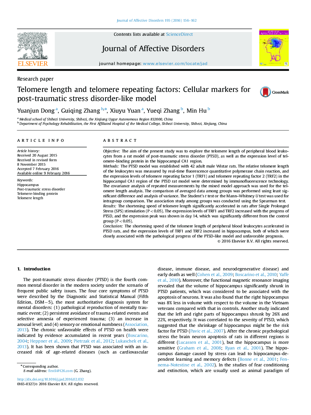 Telomere length and telomere repeating factors: Cellular markers for post-traumatic stress disorder-like model