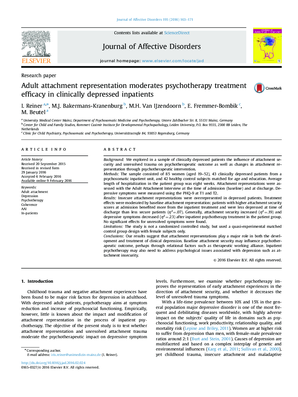 Research paperAdult attachment representation moderates psychotherapy treatment efficacy in clinically depressed inpatients