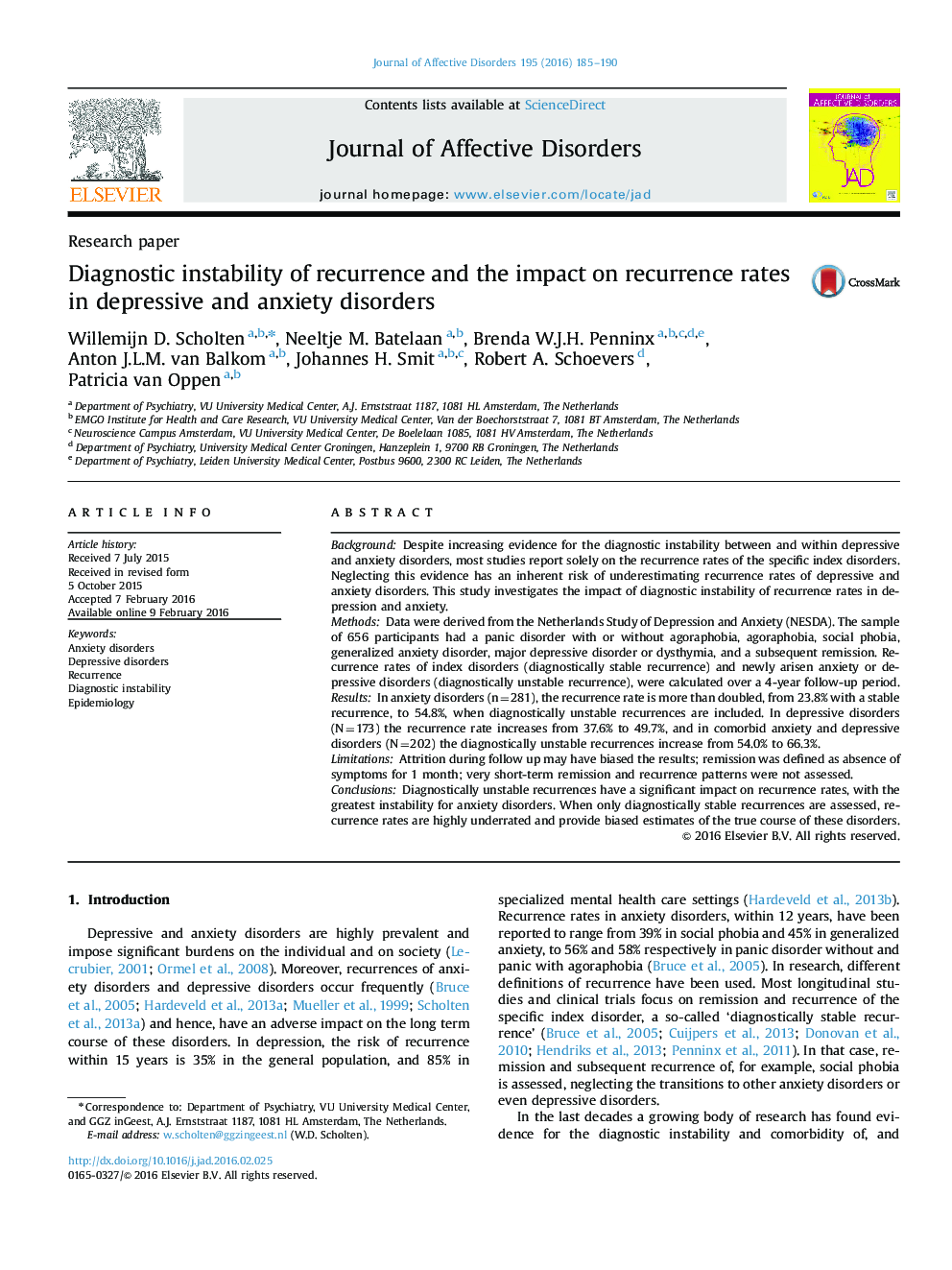 Diagnostic instability of recurrence and the impact on recurrence rates in depressive and anxiety disorders