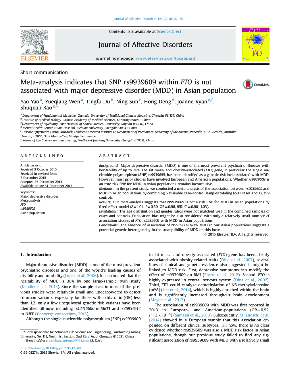 Short communicationMeta-analysis indicates that SNP rs9939609 within FTO is not associated with major depressive disorder (MDD) in Asian population