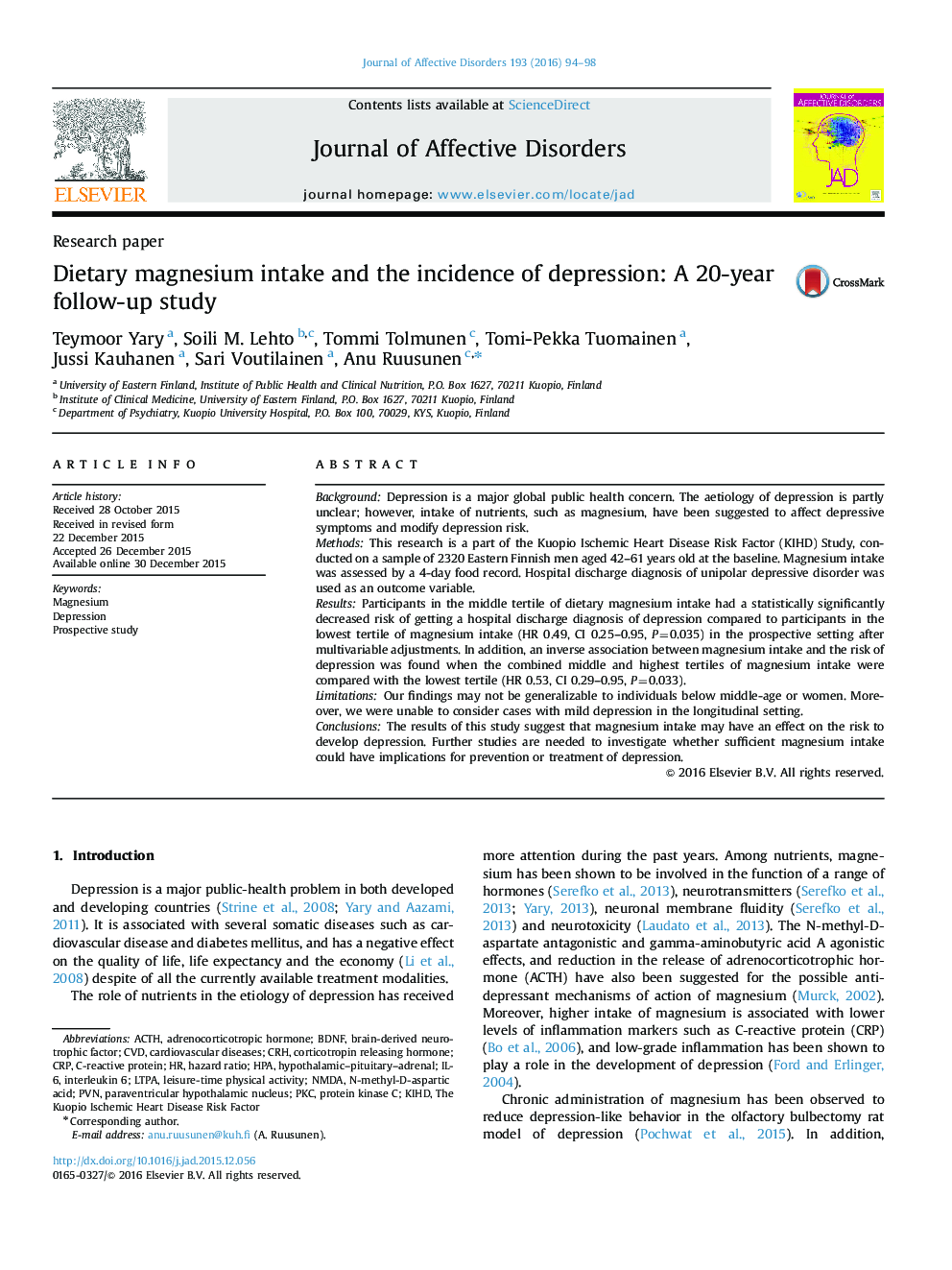 Dietary magnesium intake and the incidence of depression: A 20-year follow-up study