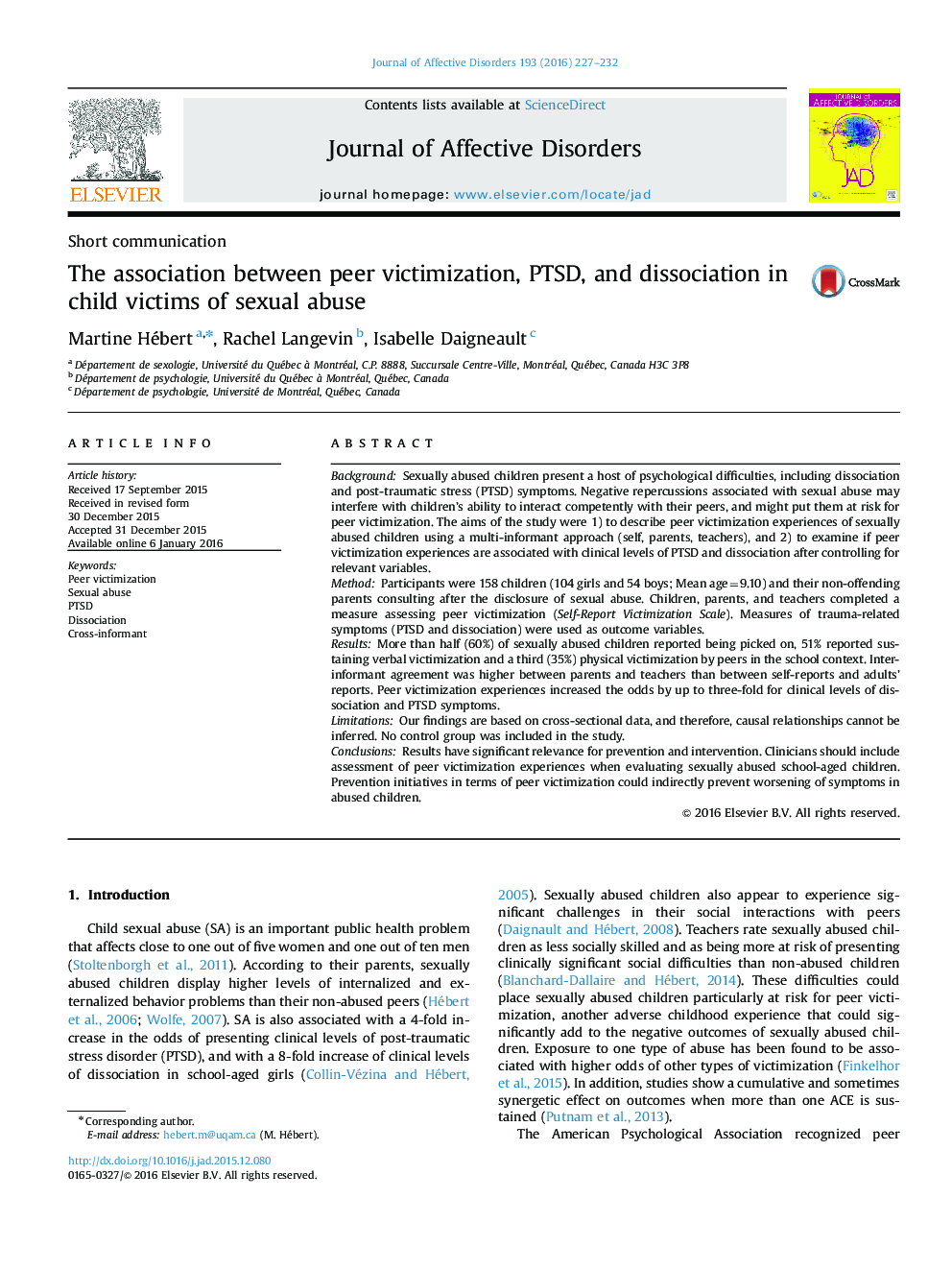 The association between peer victimization, PTSD, and dissociation in child victims of sexual abuse