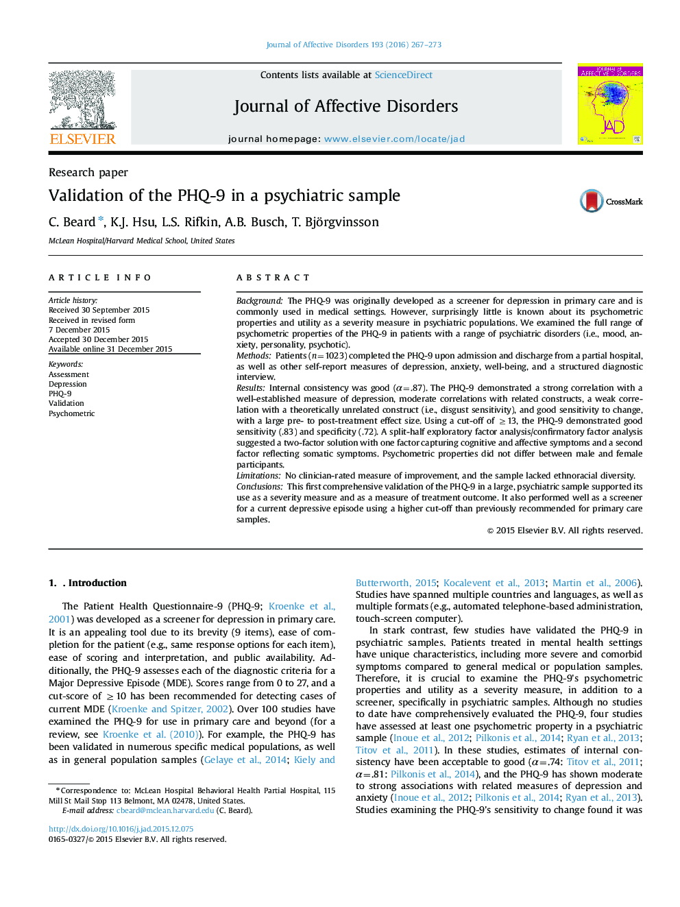 Validation of the PHQ-9 in a psychiatric sample