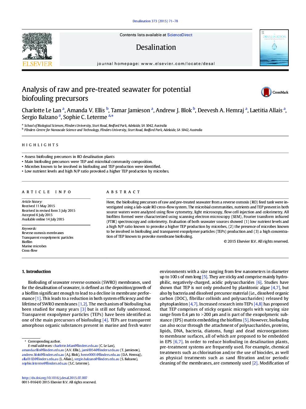 Analysis of raw and pre-treated seawater for potential biofouling precursors