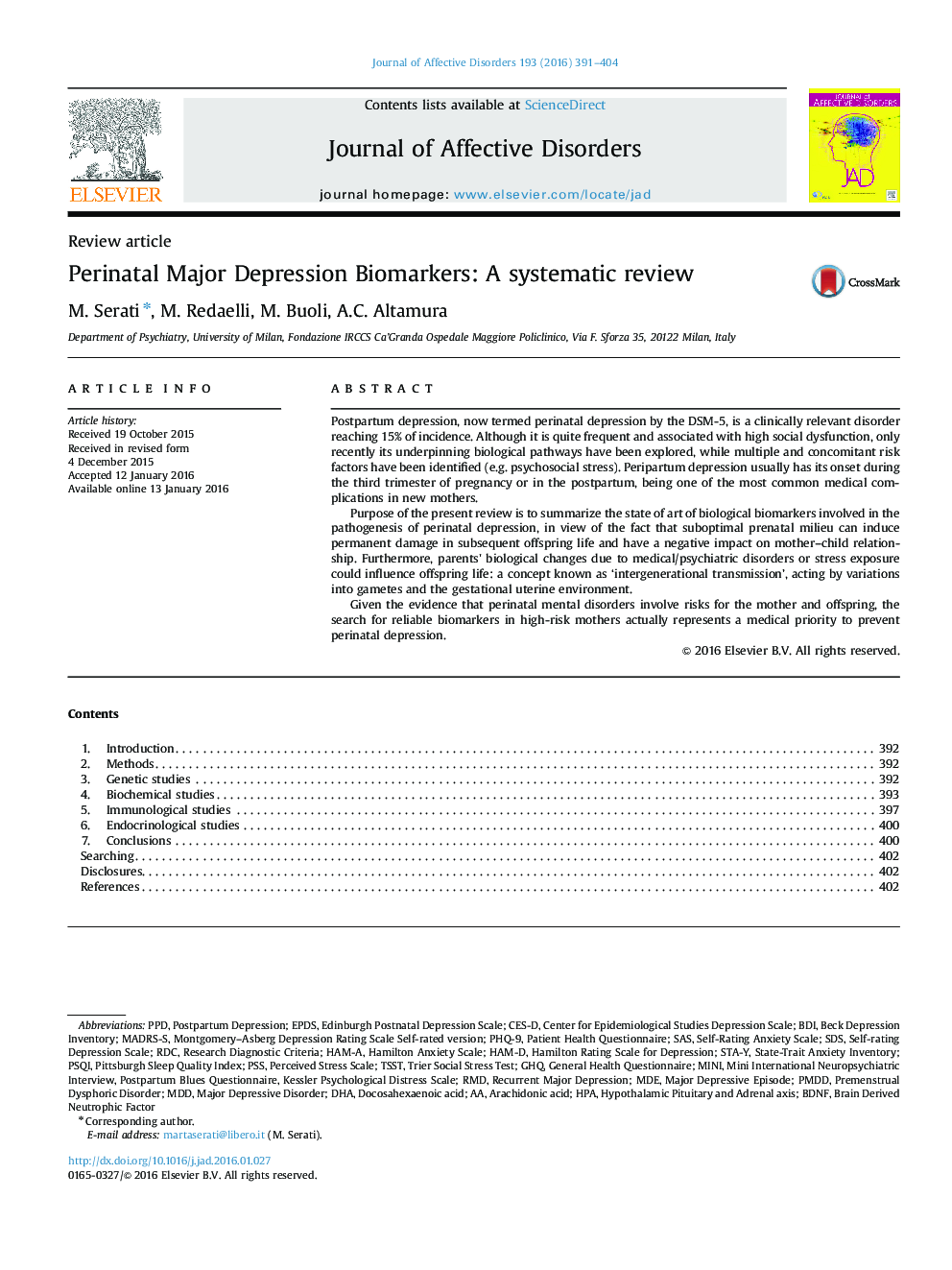 Perinatal Major Depression Biomarkers: A systematic review