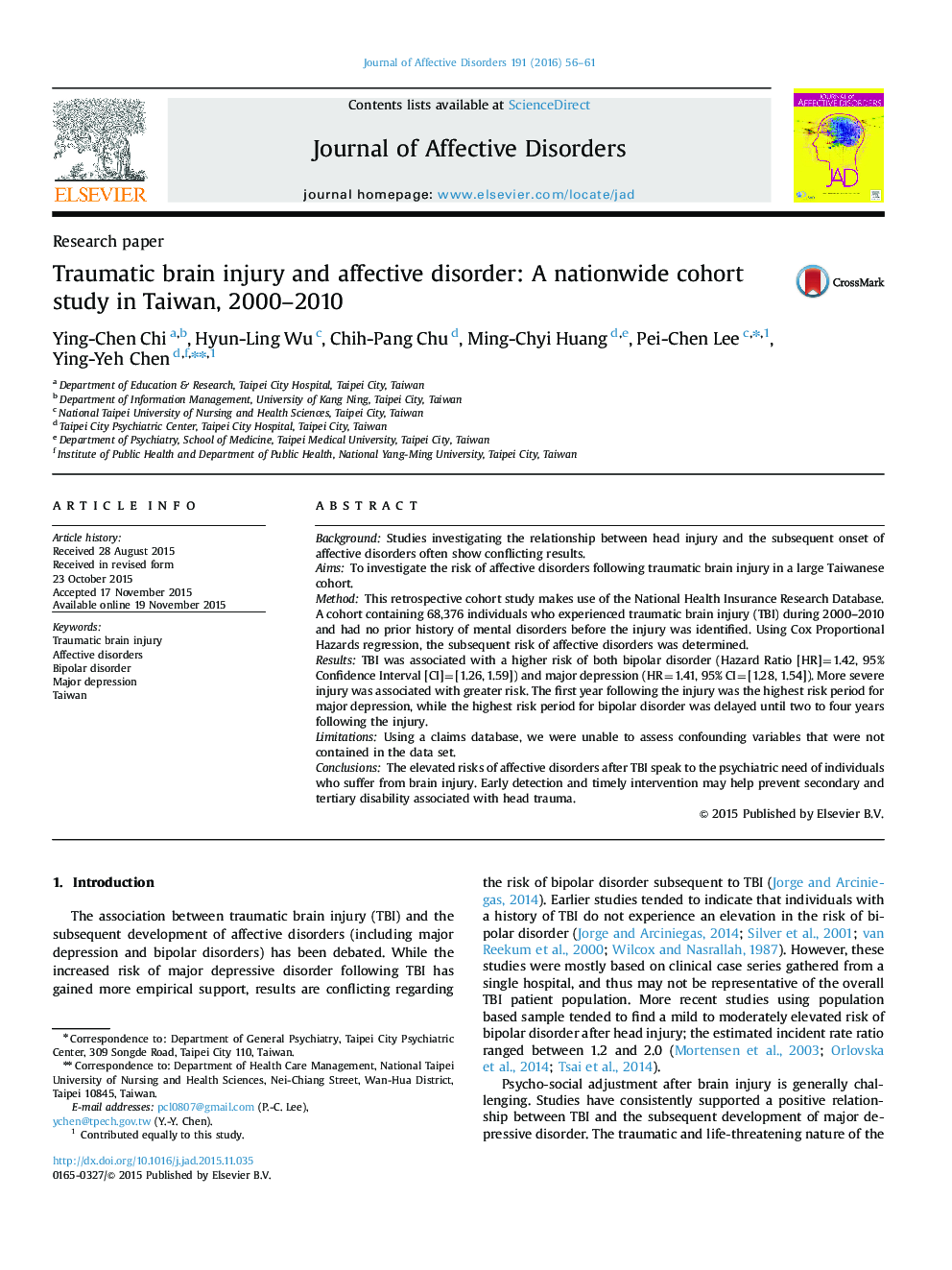 Traumatic brain injury and affective disorder: A nationwide cohort study in Taiwan, 2000-2010