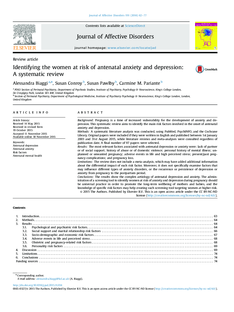 Identifying the women at risk of antenatal anxiety and depression: A systematic review