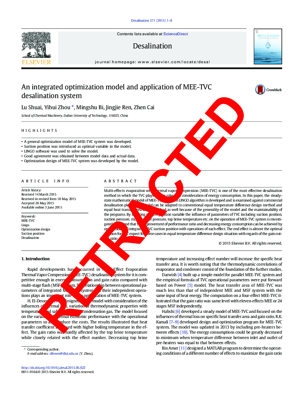 RETRACTED: An integrated optimization model and application of MEE-TVC desalination system