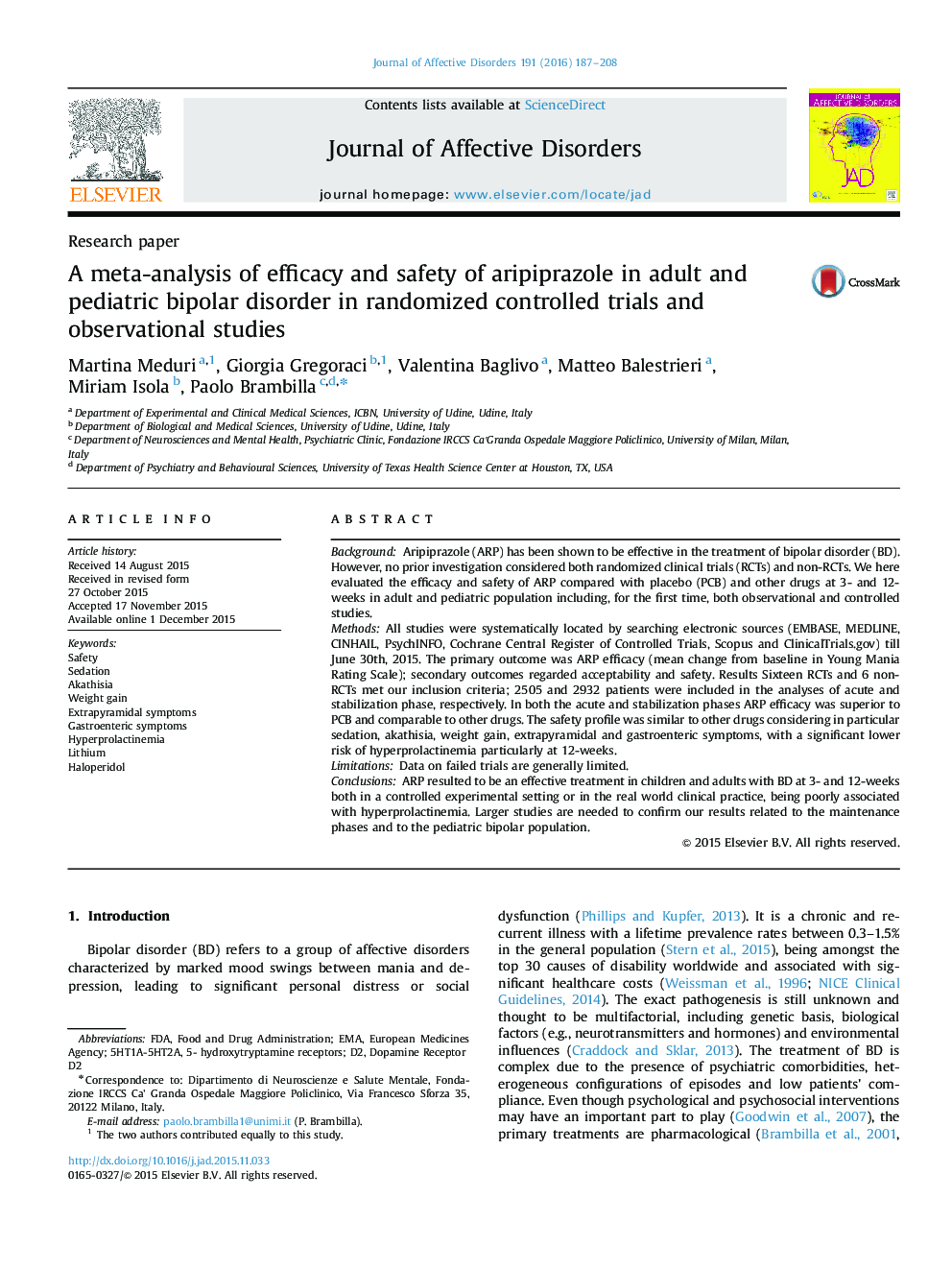 A meta-analysis of efficacy and safety of aripiprazole in adult and pediatric bipolar disorder in randomized controlled trials and observational studies