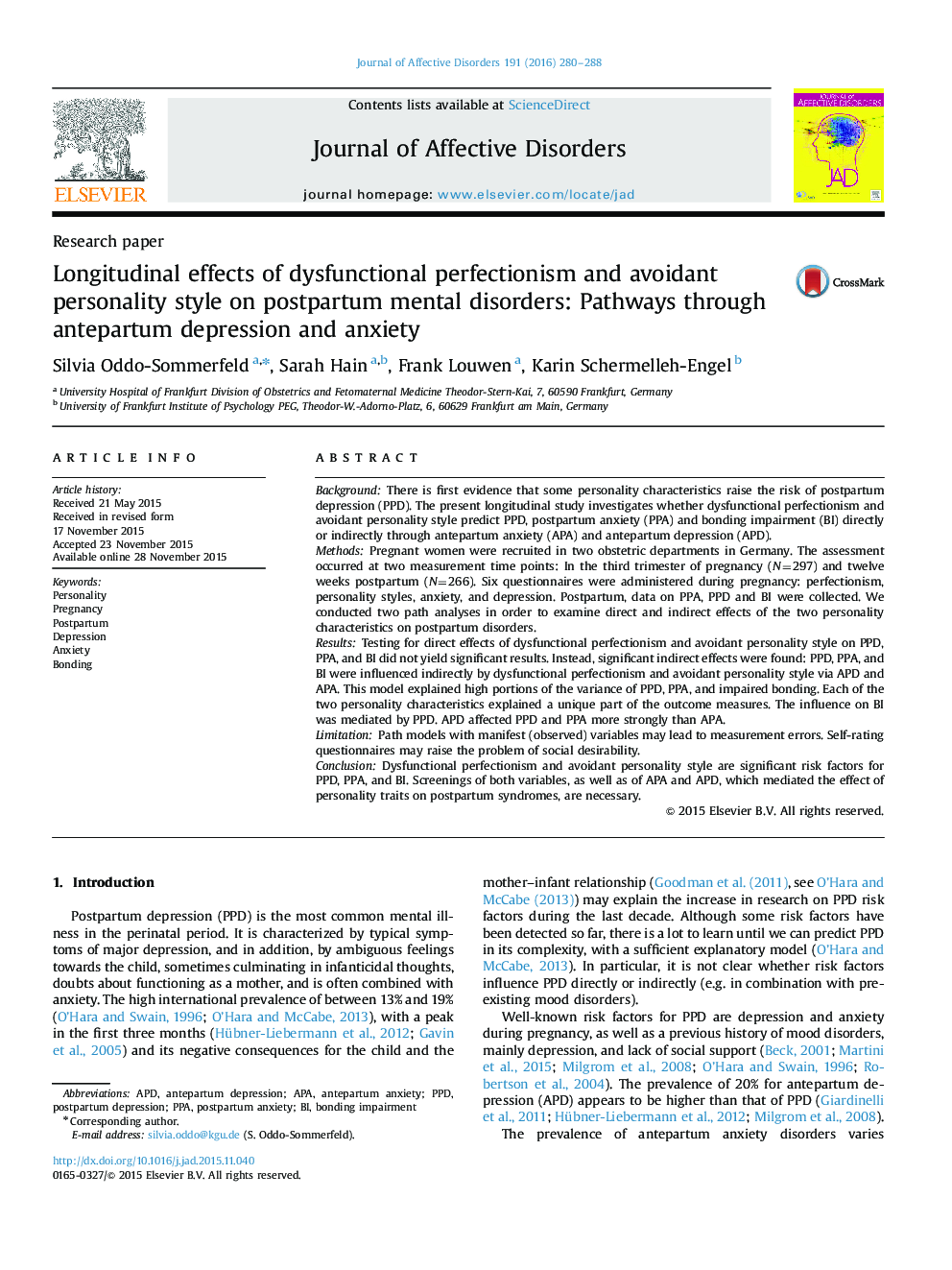 Research paperLongitudinal effects of dysfunctional perfectionism and avoidant personality style on postpartum mental disorders: Pathways through antepartum depression and anxiety