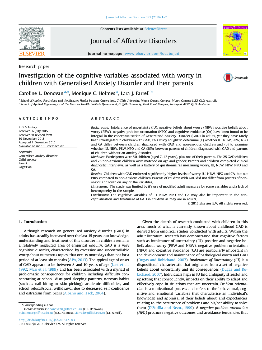 Investigation of the cognitive variables associated with worry in children with Generalised Anxiety Disorder and their parents