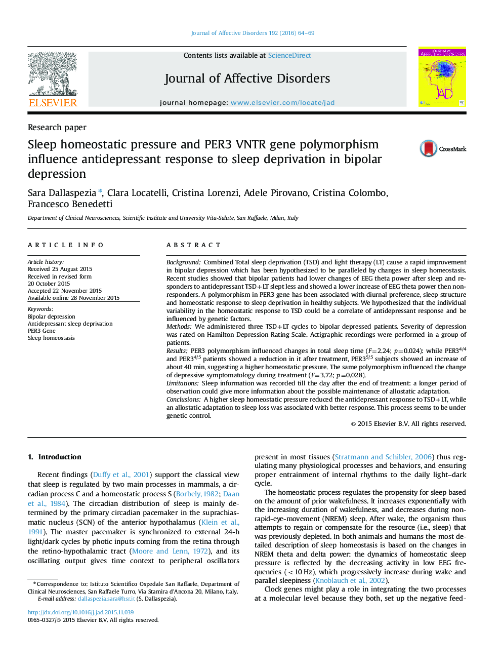 Research paperSleep homeostatic pressure and PER3 VNTR gene polymorphism influence antidepressant response to sleep deprivation in bipolar depression