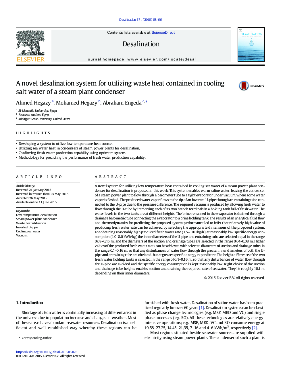 A novel desalination system for utilizing waste heat contained in cooling salt water of a steam plant condenser