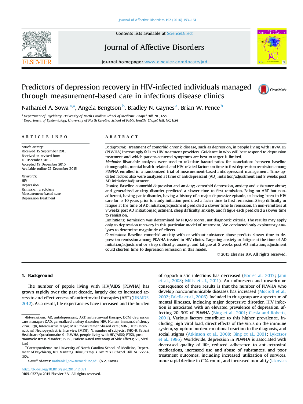 Predictors of depression recovery in HIV-infected individuals managed through measurement-based care in infectious disease clinics