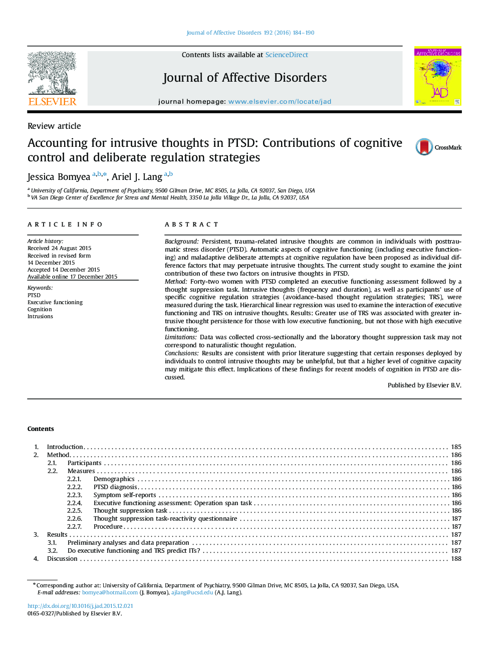 Accounting for intrusive thoughts in PTSD: Contributions of cognitive control and deliberate regulation strategies