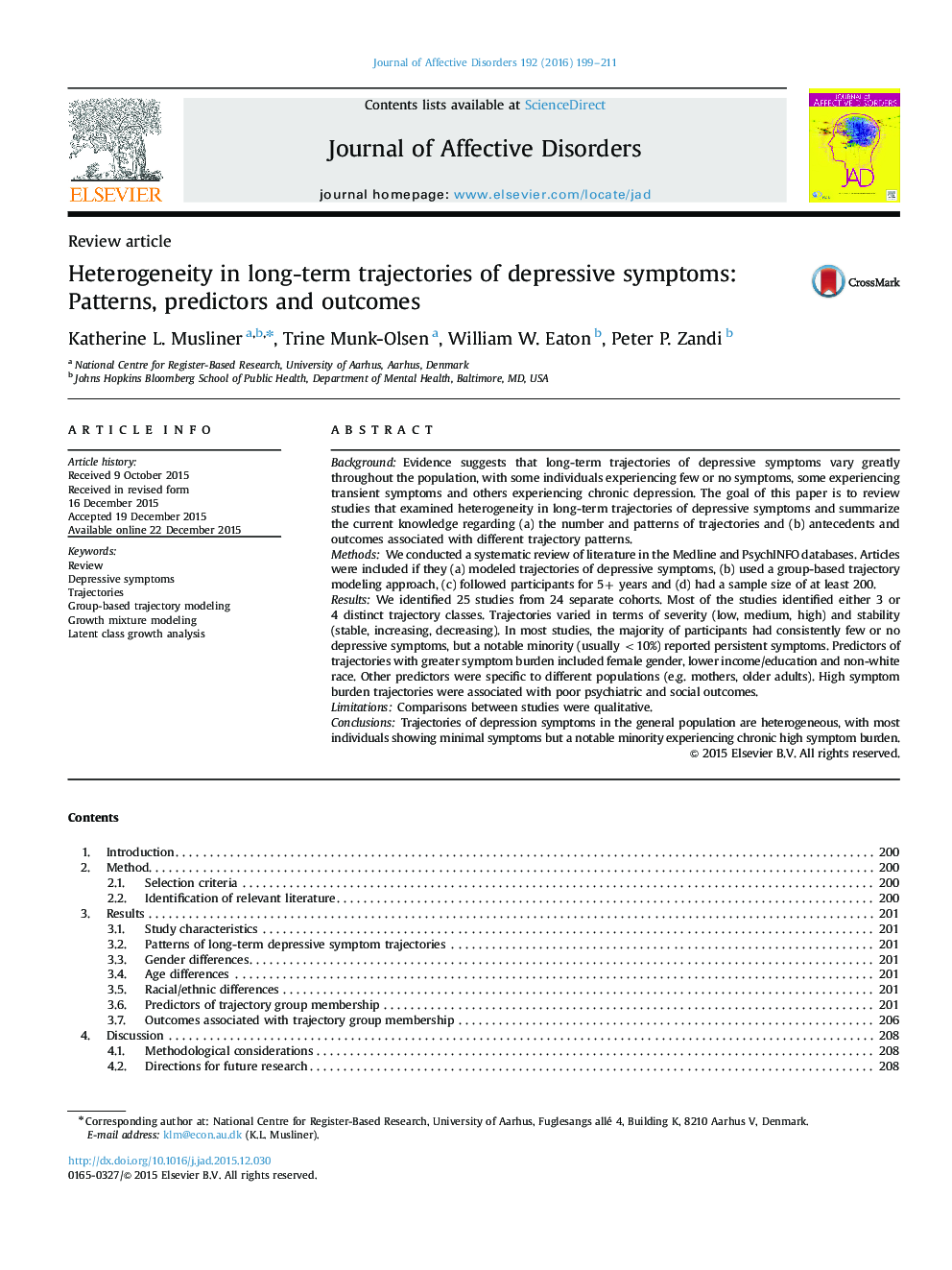 Heterogeneity in long-term trajectories of depressive symptoms: Patterns, predictors and outcomes