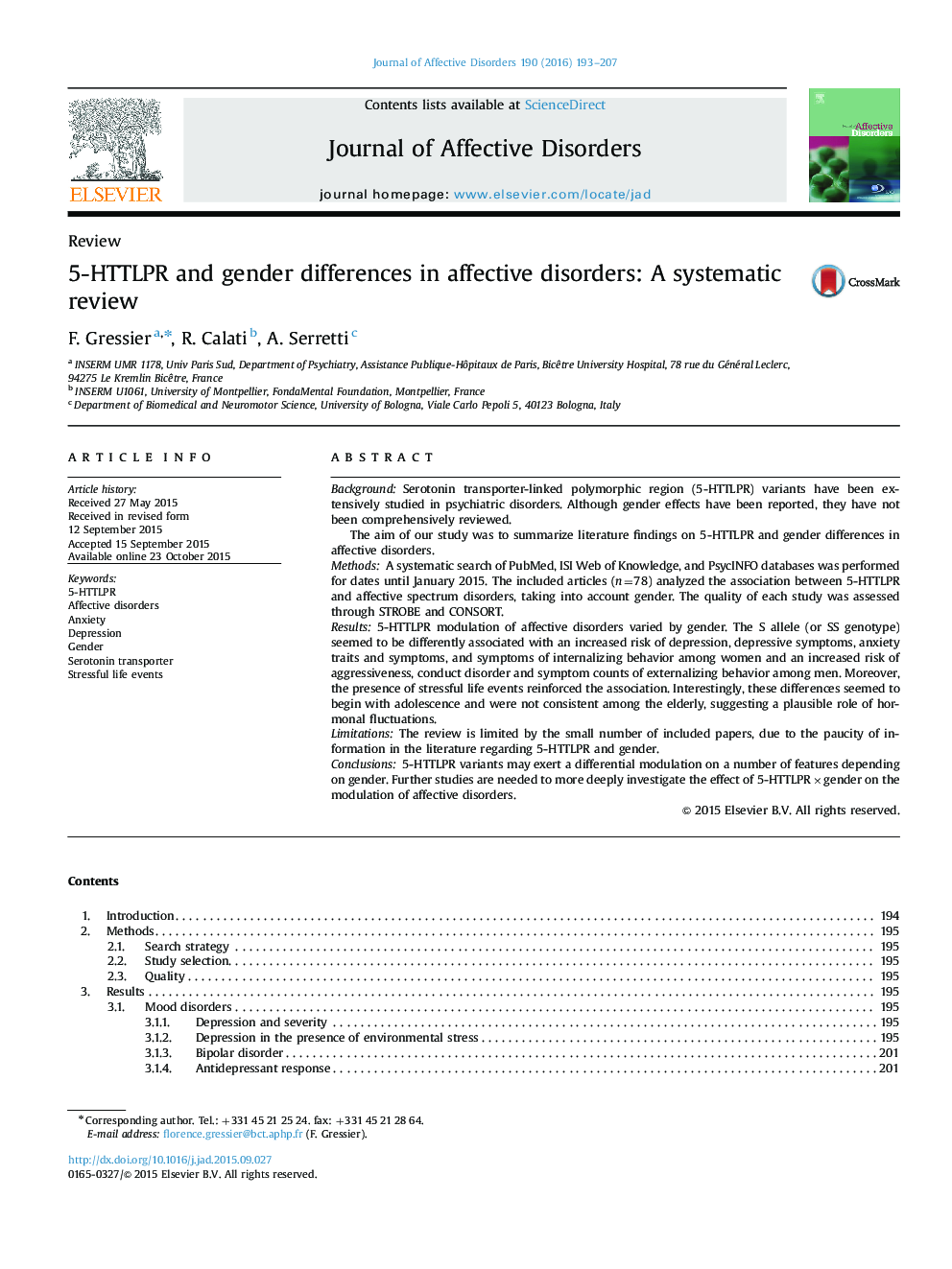 5-HTTLPR and gender differences in affective disorders: A systematic review