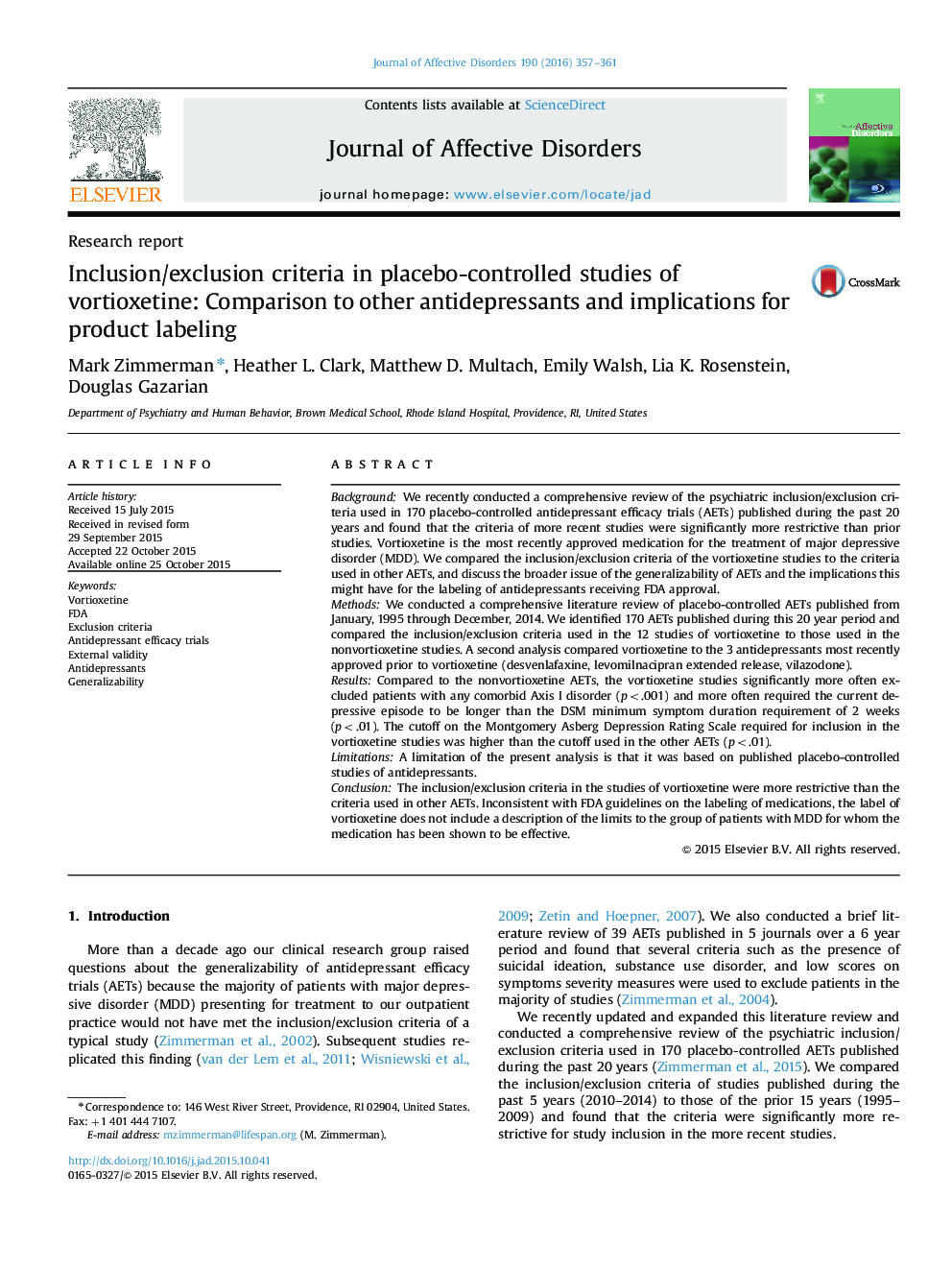 Inclusion/exclusion criteria in placebo-controlled studies of vortioxetine: Comparison to other antidepressants and implications for product labeling