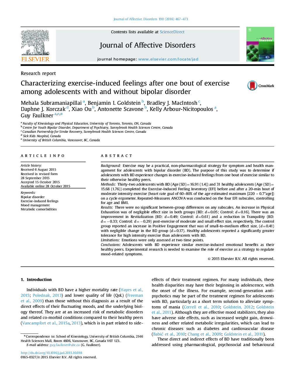 Characterizing exercise-induced feelings after one bout of exercise among adolescents with and without bipolar disorder