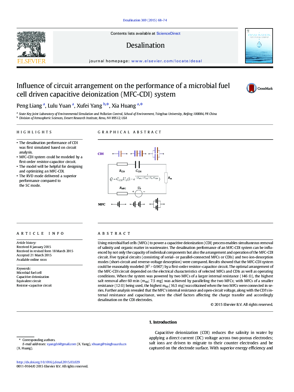 Influence of circuit arrangement on the performance of a microbial fuel cell driven capacitive deionization (MFC-CDI) system