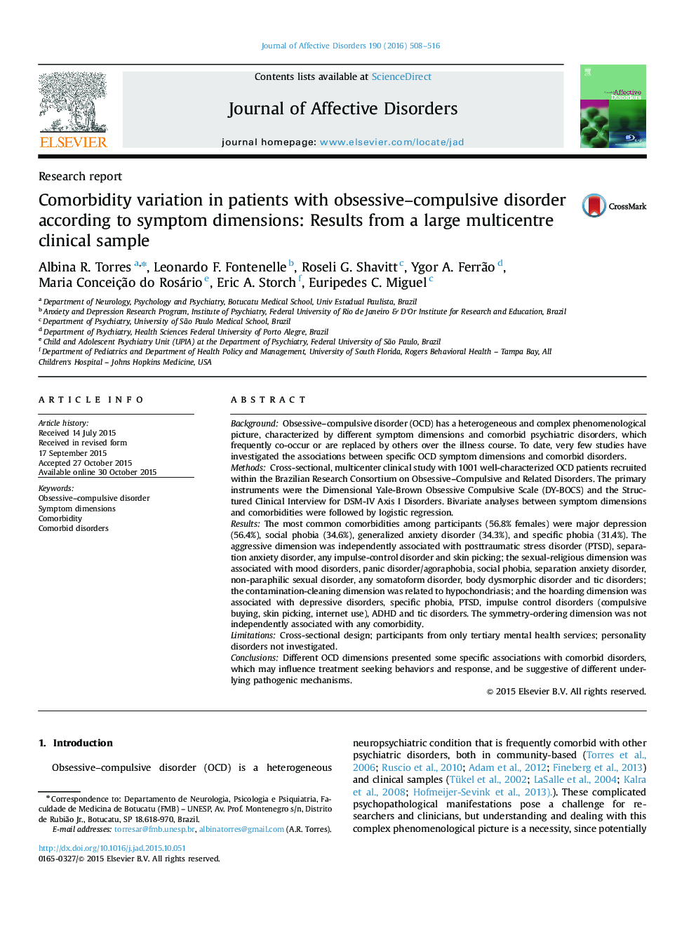عکس صفحه اول مقاله: Comorbidity variation in patients with obsessive–compulsive disorder according to symptom dimensions: Results from a large multicentre clinical sample Comorbidity variation in patients with obsessive–compulsive disorder according to symptom dimensions: Results from a large multicentre clinical sample