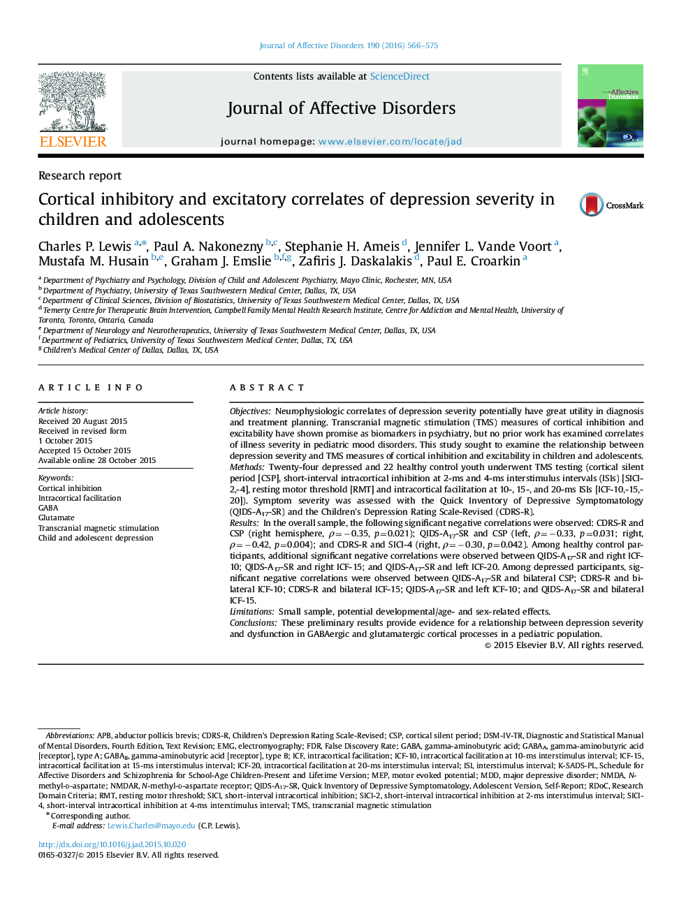 Cortical inhibitory and excitatory correlates of depression severity in children and adolescents