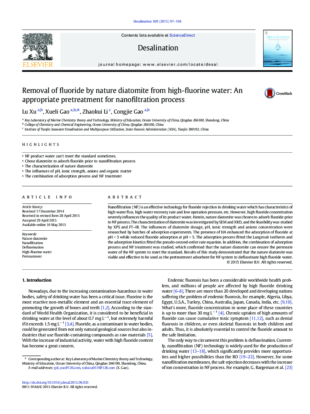 Removal of fluoride by nature diatomite from high-fluorine water: An appropriate pretreatment for nanofiltration process