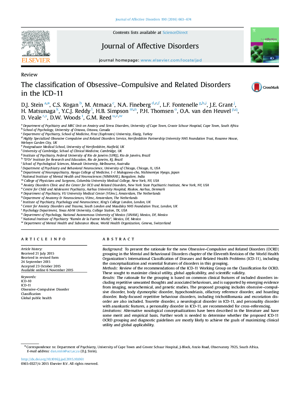 The classification of Obsessive-Compulsive and Related Disorders in the ICD-11