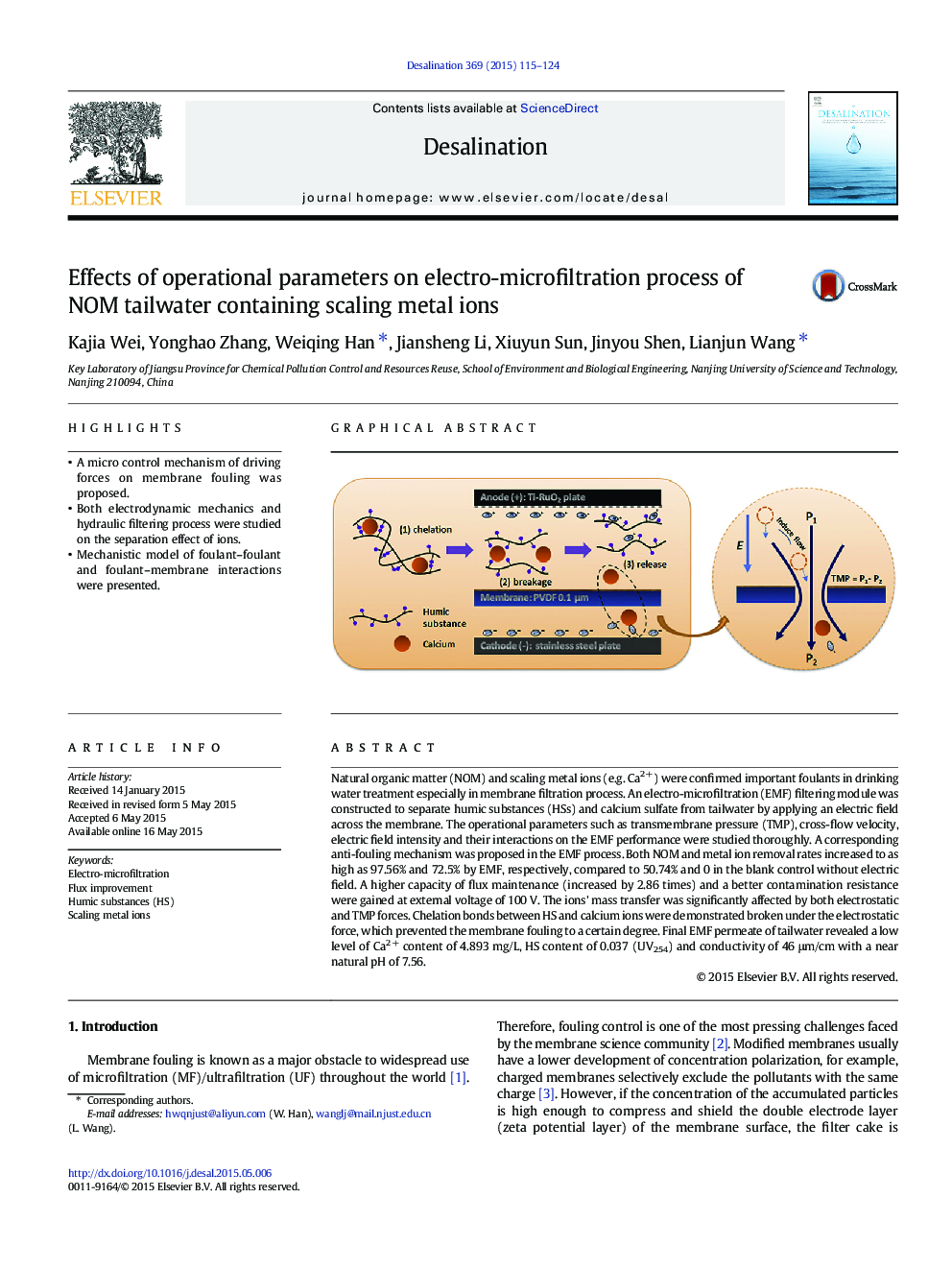 Effects of operational parameters on electro-microfiltration process of NOM tailwater containing scaling metal ions