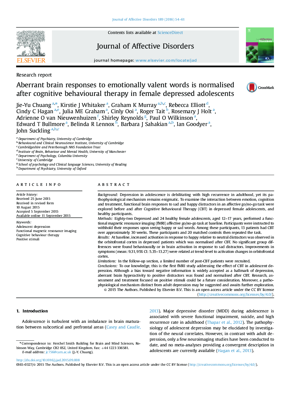 Aberrant brain responses to emotionally valent words is normalised after cognitive behavioural therapy in female depressed adolescents