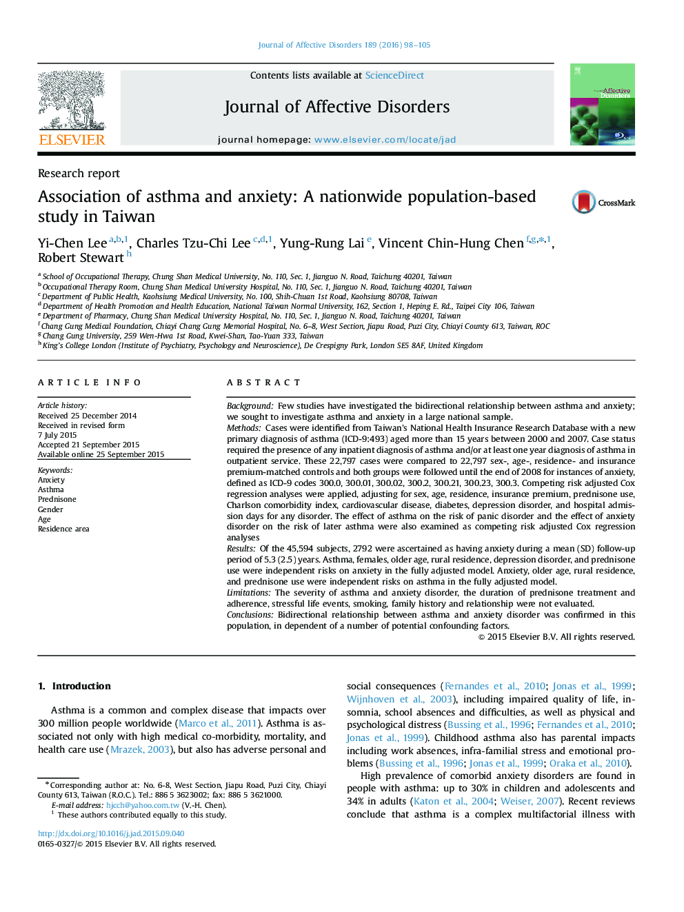 Association of asthma and anxiety: A nationwide population-based study in Taiwan