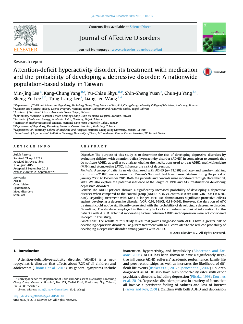 Attention-deficit hyperactivity disorder, its treatment with medication and the probability of developing a depressive disorder: A nationwide population-based study in Taiwan