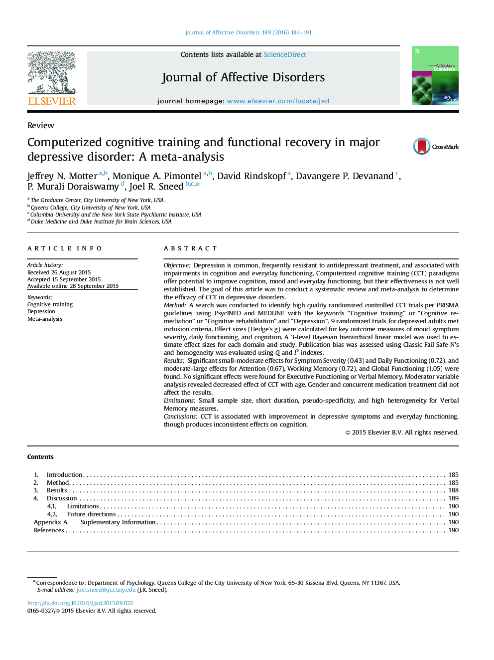 Computerized cognitive training and functional recovery in major depressive disorder: A meta-analysis