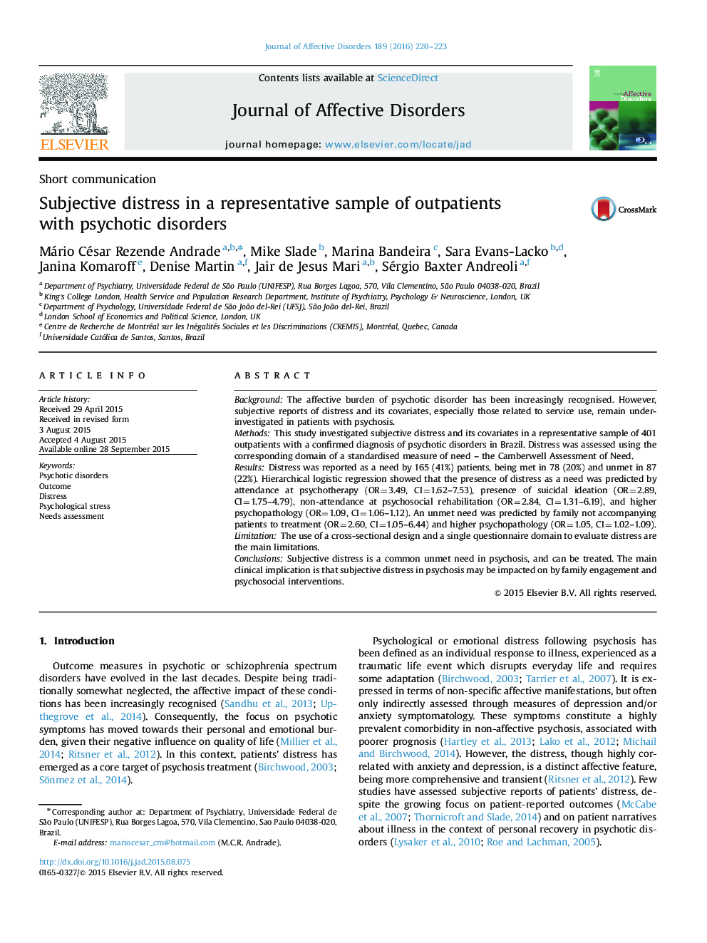 Short communicationSubjective distress in a representative sample of outpatients with psychotic disorders