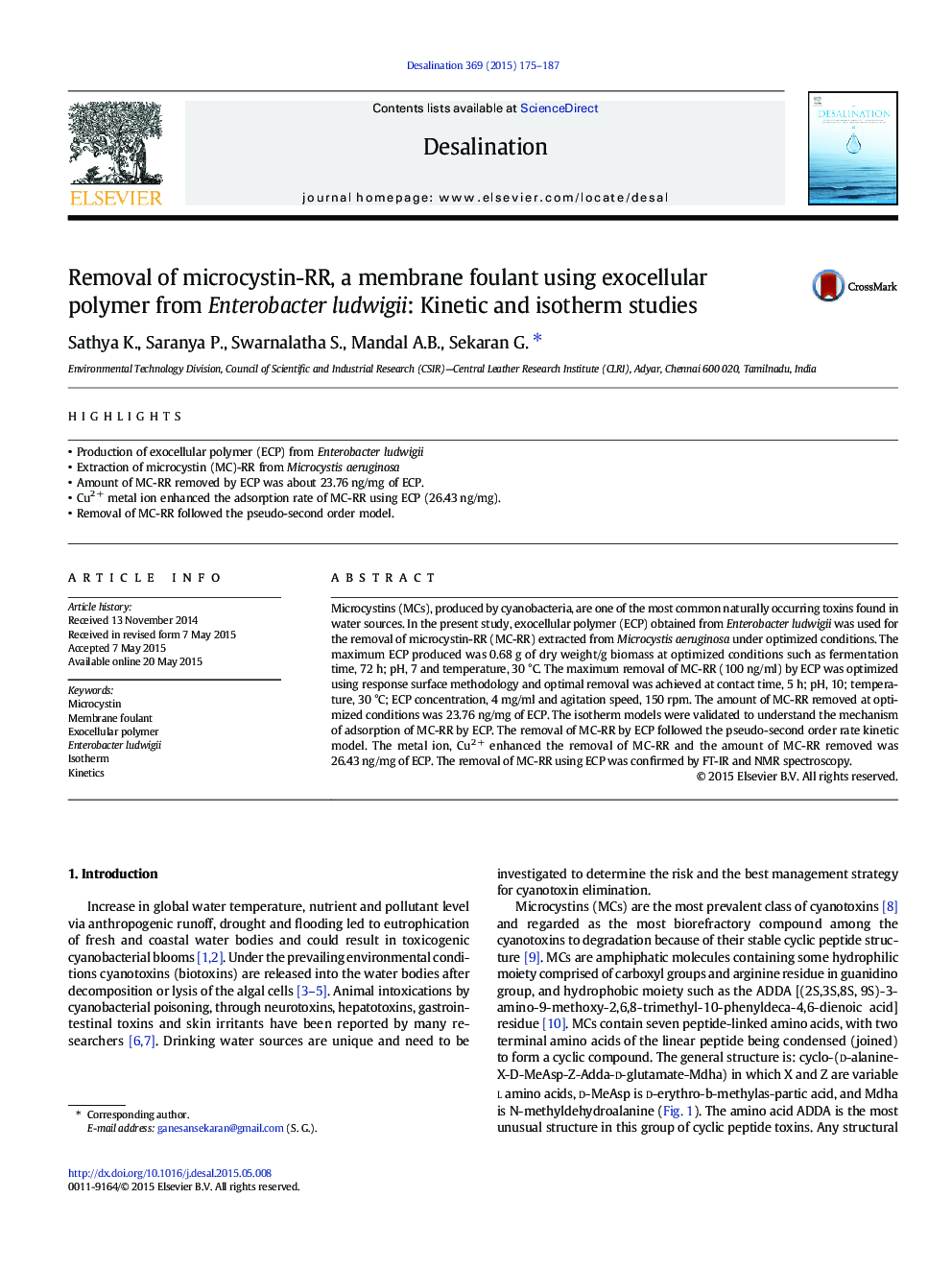 Removal of microcystin-RR, a membrane foulant using exocellular polymer from Enterobacter ludwigii: Kinetic and isotherm studies