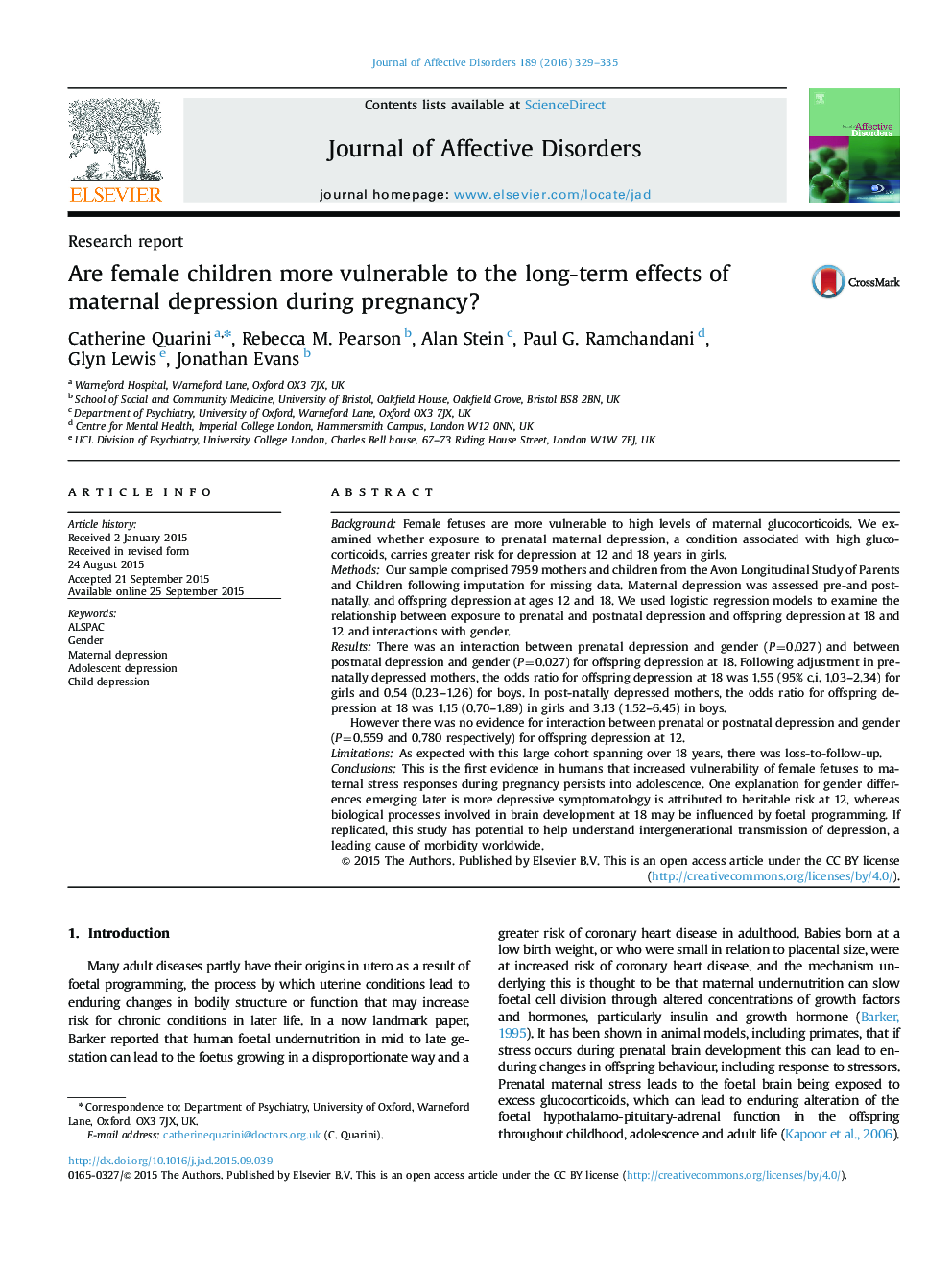 Are female children more vulnerable to the long-term effects of maternal depression during pregnancy?