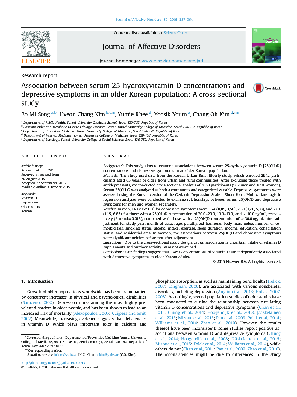 Association between serum 25-hydroxyvitamin D concentrations and depressive symptoms in an older Korean population: A cross-sectional study