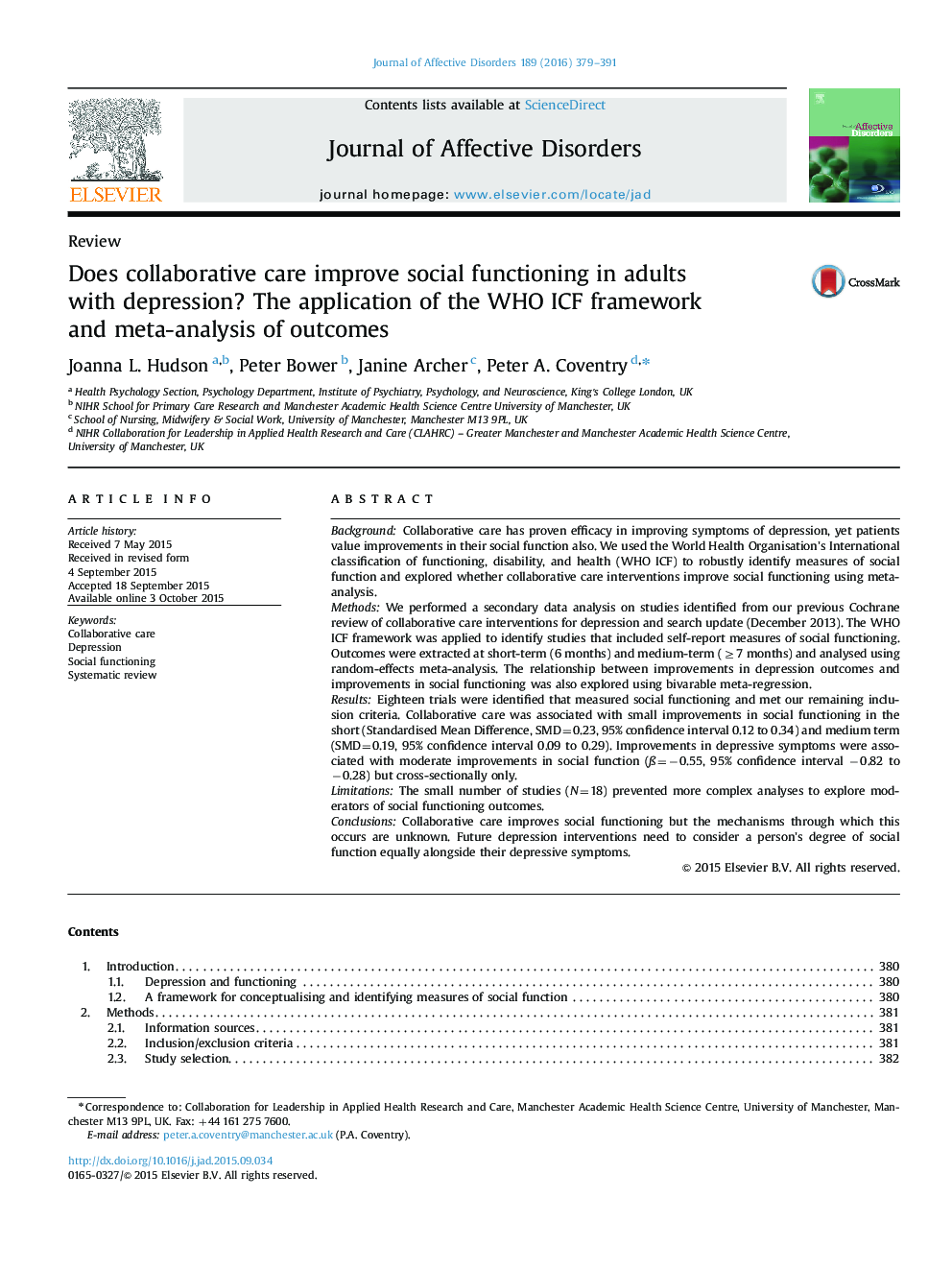 Does collaborative care improve social functioning in adults with depression? The application of the WHO ICF framework and meta-analysis of outcomes