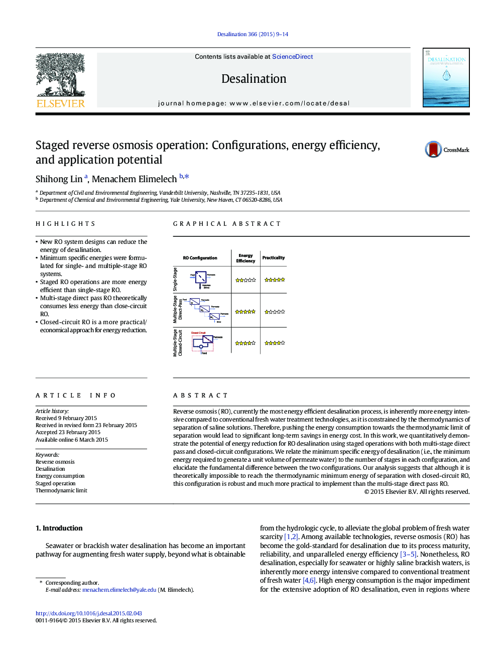 Staged reverse osmosis operation: Configurations, energy efficiency, and application potential