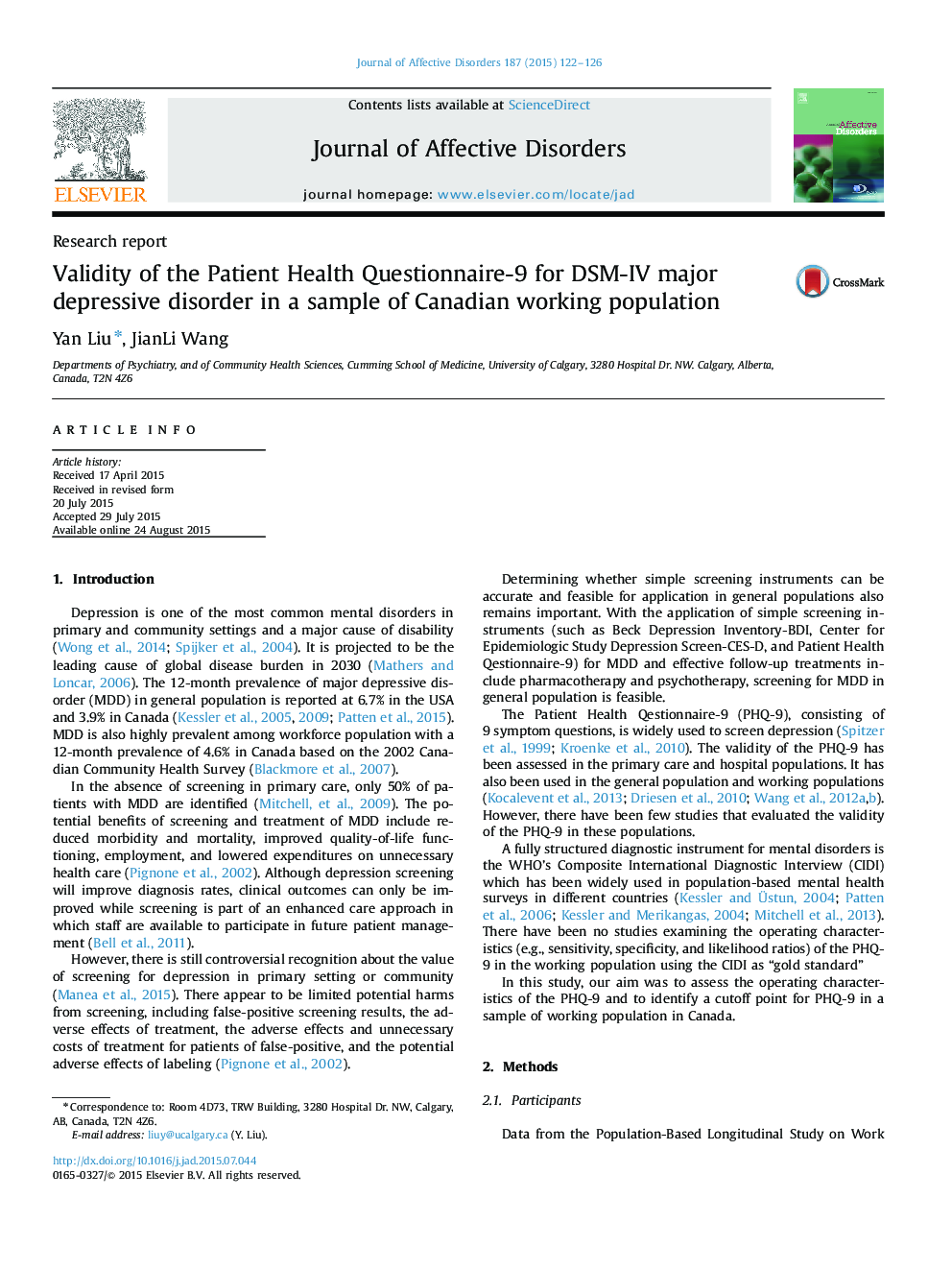Validity of the Patient Health Questionnaire-9 for DSM-IV major depressive disorder in a sample of Canadian working population