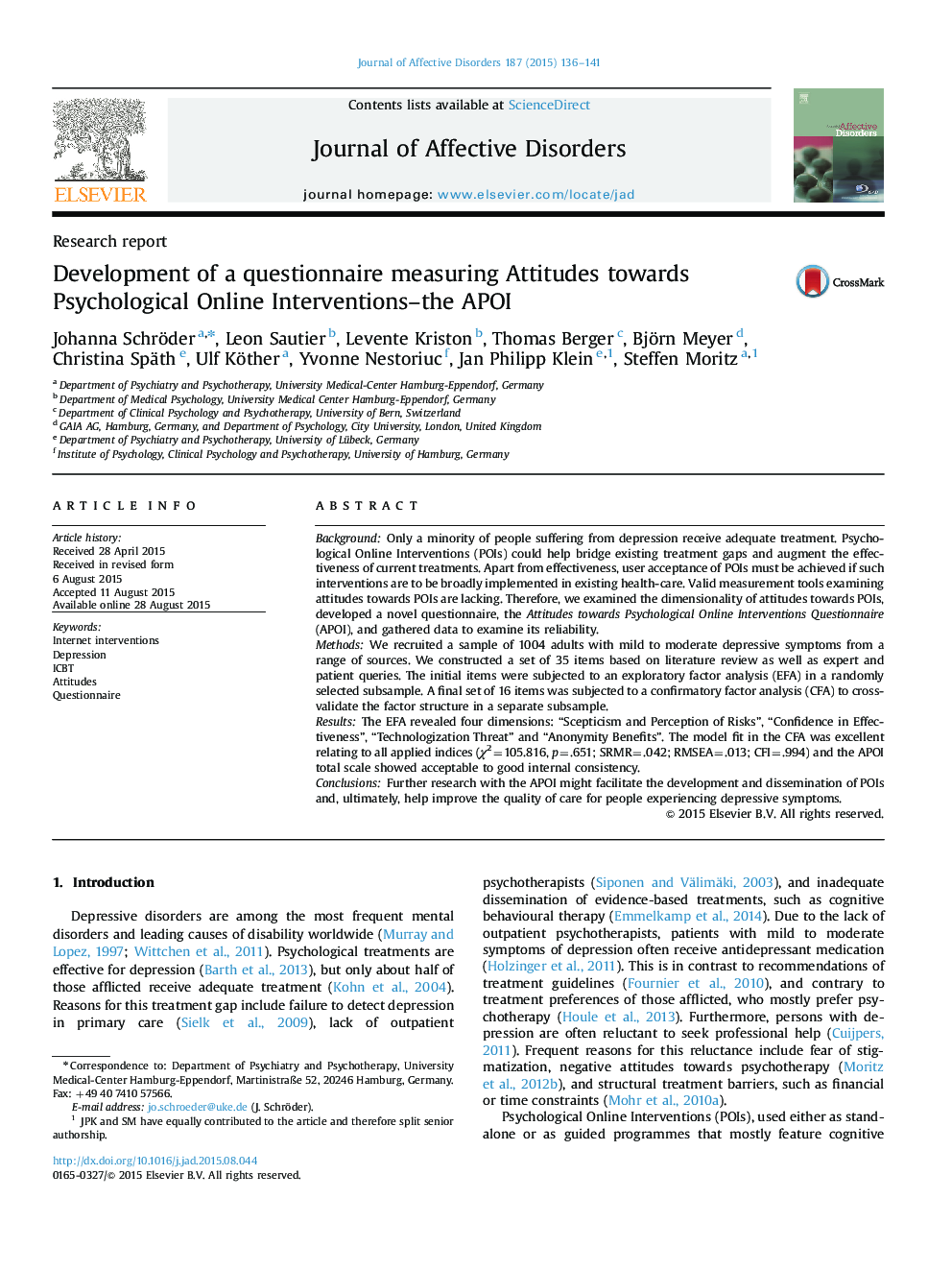 Development of a questionnaire measuring Attitudes towards Psychological Online Interventions-the APOI